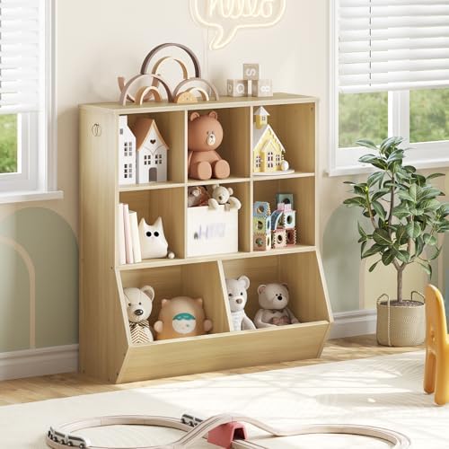 HOOBRO Kids Bookshelf, Toy Storage Organizer, Toy Organizers and Storage with 8 Cubicles, Bookcase Footboard, Bookshelf for Kids Room, for Playroom, Bedroom, Nursery, School, Natural NL35CW01G1