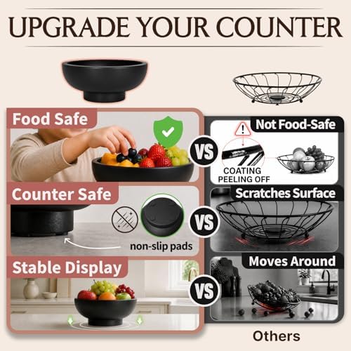 Concrete Fruit Bowl – Large Decorative Pedestal Bowl for Kitchen Counter, Entryway, or Coffee Table – Modern Catch – All Key Bowl – Heavyweight Centerpiece for Home Decor (Black)