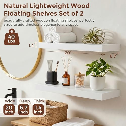 fuqing 20 Inch Floating Shelves, 6.7 Inch Deep White Wall Shelves Set of 2