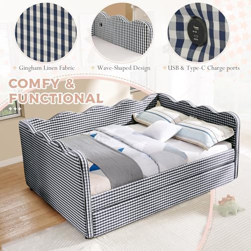 Full Size Daybed with Pop Up Trundle, Linen Gingham Full to King Daybed with USB Ports, Upholstered Day Bed Frame, Modern Sofa Bed for Bedroom/Living Room/Guest Room, No Box Spring Needed, Navy