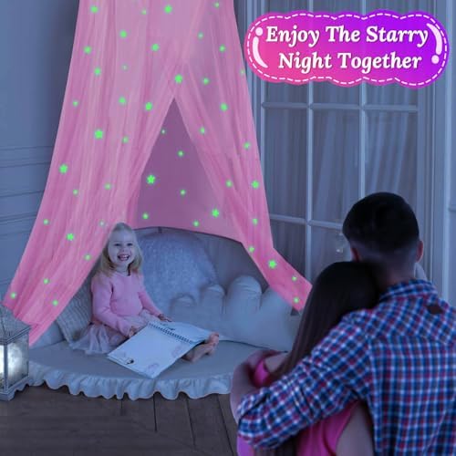 South to East Pink Bed Canopy for Girls with Glowing Stars, Gift for Girl