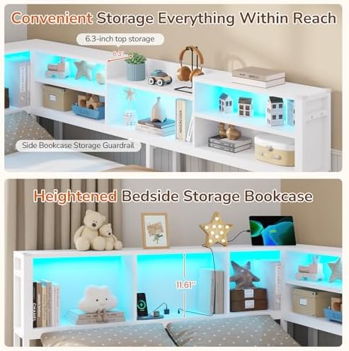DICTAC Full Corner Bed Frame with 2 Storage Drawers and Bookcase Headboard,Full Size Metal Platform Bed Frame with Charging Station and Led Lights,Modern Full Daybed for Kids,Teen and Guests,White