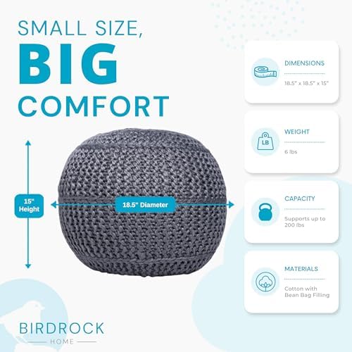 BIRDROCK HOME Round Pouf Ottoman Foot Rest, 18.5”x15”, Zinc Gray