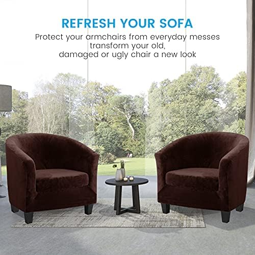MIFXIN 2 Pieces Velvet Tub Chair Covers with Cushion Cover Stretch Soft Removable Tub Chair Slipcovers Armchair Sofa Couch Furniture Protector for Living Room Club Bar Counter Hotel (Brown)
