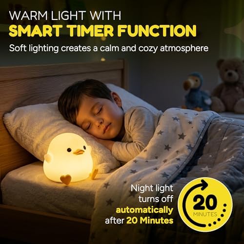 DODO Duck Night Light for Kids, Soft Squishy Silicone Duck Lamp with 20-Minute Timer, 2 Brightness Levels, Rechargeable Touch Nightlight, Ages 3+
