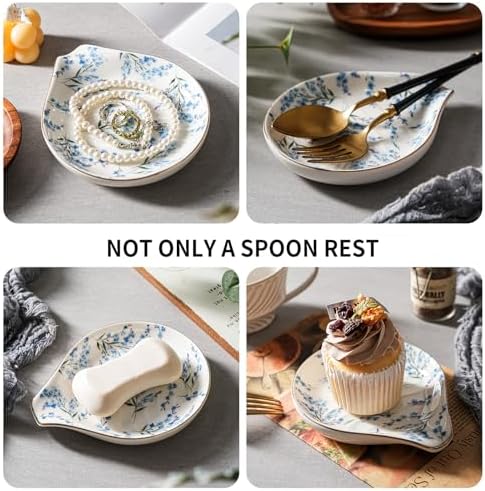 Ceramic Spoon Rest for Stove Top, 5 inch Gold Trim Spoon Holder for Kitchen Counter, Farmhouse Cooking Utensil Holder for Spoons, Ladles, Spatula, Blue Blossom