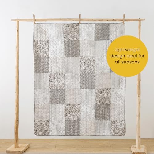 SLPR - Cotton Quilted Throw Blanket, 50"x60" Gray Patchwork, Silver Linings