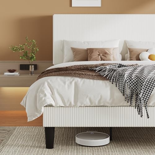 Allewie King Bed Frame, Corduroy Tufted Headboard, White