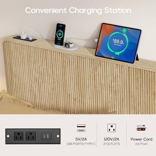 Wood Headboard Queen Size, Simple Setup Wooden Queen Headboard Only, Modern Farmhouse Headboards with 2 Outlets and USB & Type C Port, Boho Wall Mounted Headboard for Bedroom (Nature)