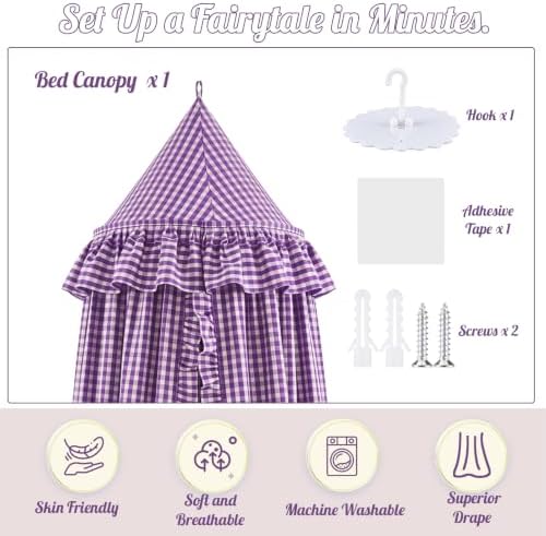 SmoothNovelty Gingham Plaid Bed Canopy, Purple White, Round