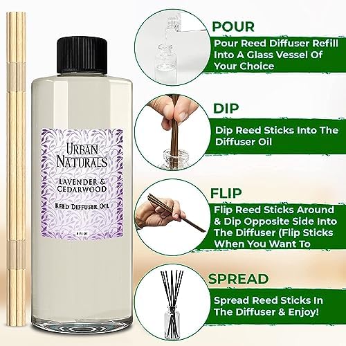Urban Naturals Reed Diffuser Oil Refill Lavender Cedarwood with Warm Wood, Spa-Inspired Notes 8 oz + Free Reed Sticks, Made in the USA