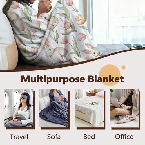 Cute Rabbit Easter Sofa Throw Blankets,Pink Tulip Flower Soft Cozy Fuzzy Lightweight Travel Blanket,Flannel Fleece Fall Throw Blanket for Couch,Bed,Camping,Movie Nights,Watching TV 60 X 80 Inch