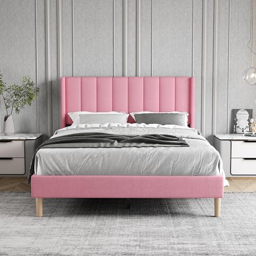 Full Size Bed Frame with Velvet Upholstered Headboard, Pink