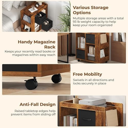 Yaheetech Narrow End Table Storage Drawer Rolling Shelves, Rustic Brown