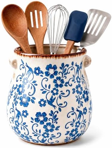 Ceramic Utensil Holder for Countertop, Blue and White Vintage Utensil Crock