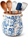 Ceramic Utensil Holder for Countertop, Blue and White Vintage Utensil Crock