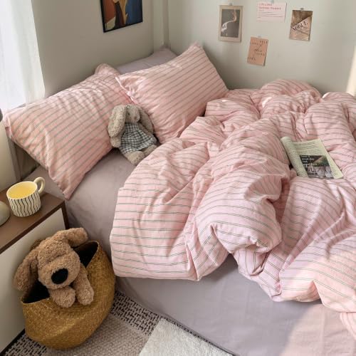 Vintage Striped Duvet Cover Queen 3 Pieces 100% Washed Cotton Bedding Set