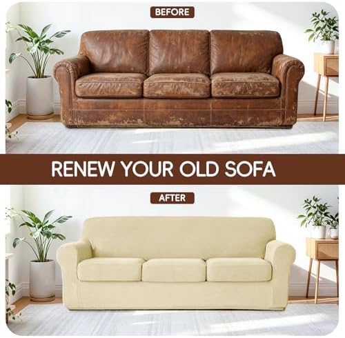 4 Pieces Stretch Couch Covers for 3 Cushion Sofa Cover Decorative Sofa Slipcover Non Slip Washable Thick Soft Elastic Furniture Protector for Pets,(Large, Ivory)