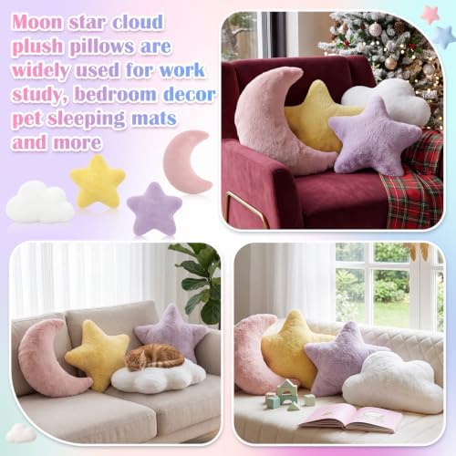4 Pcs Plush Cloud Star Moon Throw Pillow Set, Pink, White, Yellow, Purple