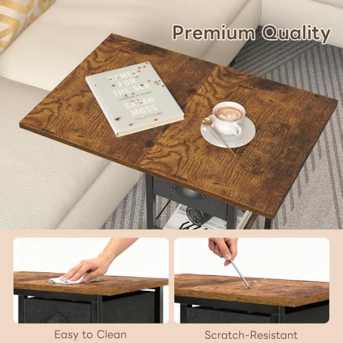C Shaped End Table, TV Tray Table with Wheels, Drawer and Storage Basket