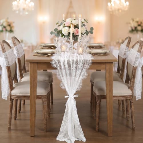 6 Pcs White Lace Table Runner 30 x 120 Inch Rustic Vintage Embroidered Sash