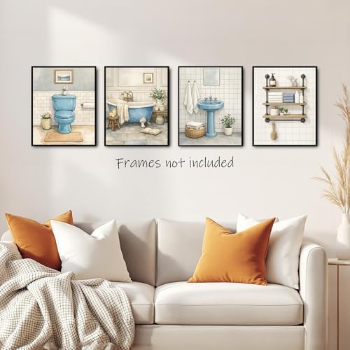 Noaleviax Blue Bathroom Posters Set - Rustic Watercolor Boho Wall Decor, Cuadros Para Baños, Vintage Bathroom Pictures Wall Art for Restroom Decor, 8x10 Unframed, Set of 4