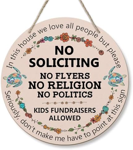 PHAMTE Funny No Soliciting Round Wreath Sign, Farmhouse Wall Hanging Plaque Wood Sign, No Flyers Religion Politics Funny Decor Decorations for Wall Pediments Door Porch Room 12 Inch