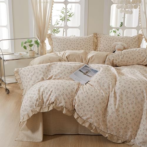 Ruffle Floral Duvet Cover Set Queen Size, 100% Cotton Cute Strawberry Bedding Set with Ruffle Lace, Aesthetic Floral Strawberry Duvet Cover Reversible Tan Gingham Comforter Cover Cottagecore Bedding