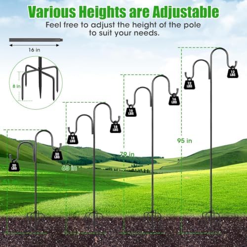 95 Inch Double Shepherds Hooks for Outdoor, Heavy Duty Bird Feeder Pole with 5 Prongs Base for Hanging Lantern, Hummingbird Feeder, Lightweight Plant, Shepherds Hook for Bird Feeders for Outside