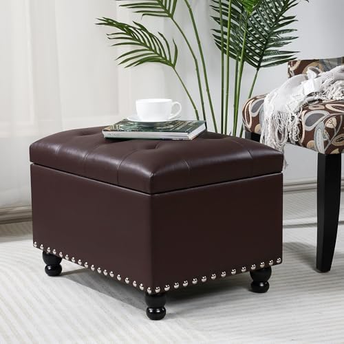 Adeco Faux Leather Storage Ottoman Bench with Safety Hinge, 23-Inch Upholstered Footrest Stool for Entryway & Living Room, Holds 350 lbs, Black