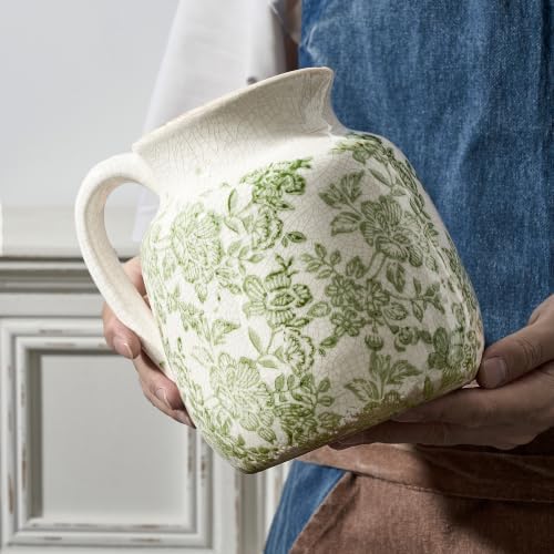 Ceramic Vintage Flower Vase, Utensil Holder, Green and White Decorative Vase Chinoiserie Decor Rustic Farmhouse Retro Floral Vases for Table Bookshelf Mantel Kitchen Living Room - 6.7” Green 016