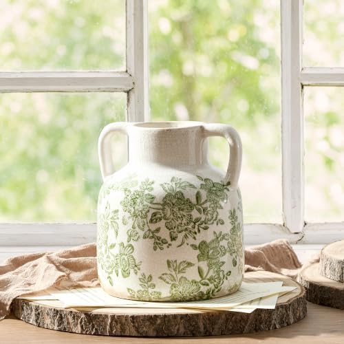 Vintage Vase with Handles, Ceramic Utensil Holder, Flower Decorative Vase Chinoiserie Decor Rustic Farmhouse Retro Floral Vases for Table Bookshelf Mantel Kitchen Living Room Office - 6.7” Green 017