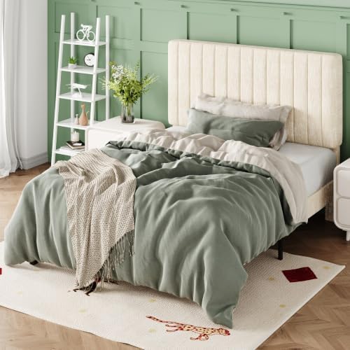Allewie Twin Bed Frame, Upholstered Platform Bed with Adjustable Vertical Channel Tufted Headboard, Mattress Foundation with Strong Wooden Slats, Box Spring Optional, Easy Assembly, Cream White