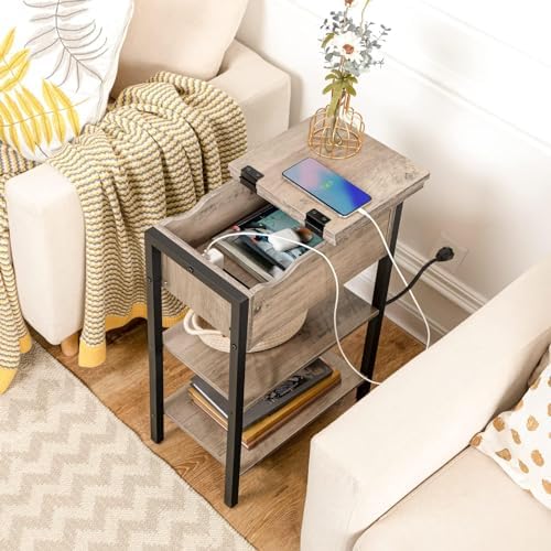 HOOBRO Side Table, Flip End Table with Charging Station and Shelves, USB Ports & Power Outlets, Narrow Nightstand for Small Spaces, Living Room, Stable and Sturdy, Greige and Black BG341BZ01