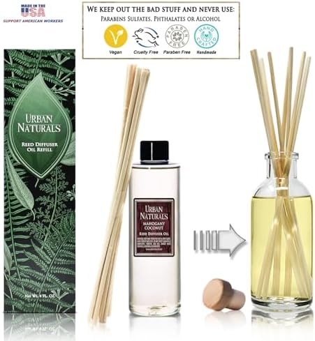 Urban Naturals Reed Diffuser Oil Refill, Mahogany Coconut Diffuser Oils with Sandalwood, Coconut, Oakmoss, 4 oz + Free Reed Sticks, Made in the USA