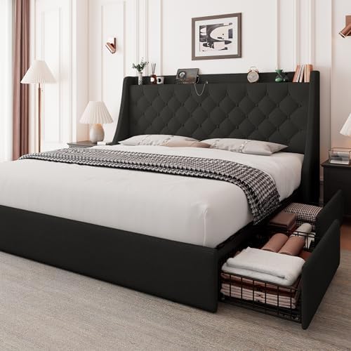 Feonase Upholstered Full Size Bed Frame with 4 Storage Drawers, Large Wingback Storage Headboard, No Box Spring Needed, Black