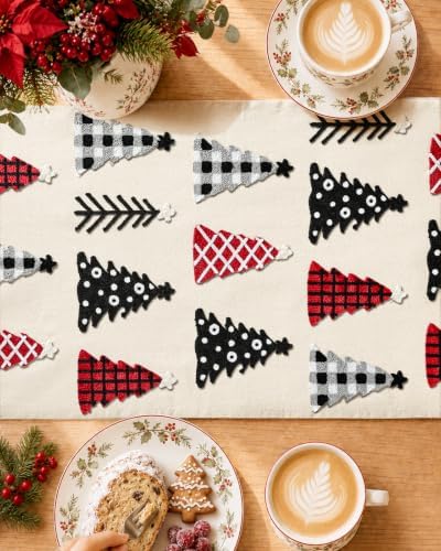Miss Adola Embroidered Canvas 13"x90" Christmas Table Runner, Tree Crew