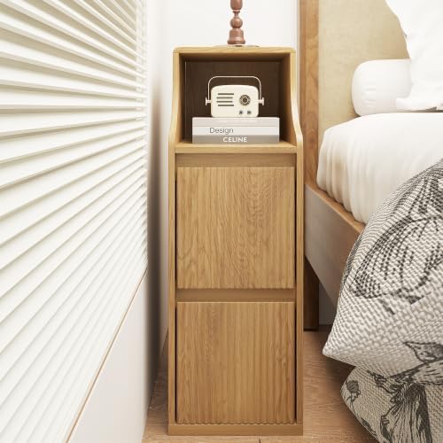 Fluted Narrow Nightstand Set of 2, Mid Century Modern Small Bedside Table with 2 Drawers, Wooden Skinny Vintage Side Table, Night Stand, Slim End Table for Bedroom, Natural