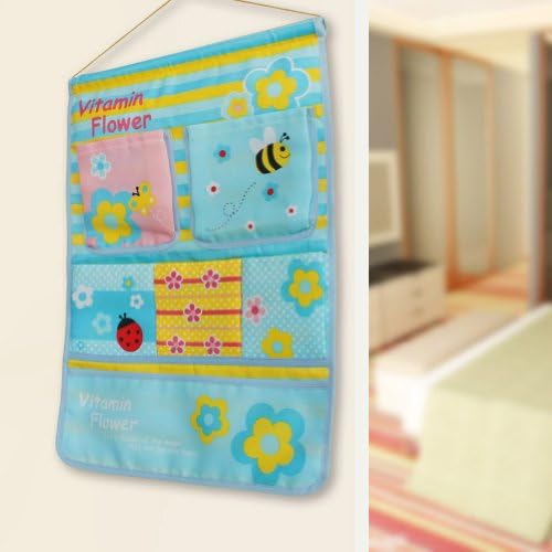 Blancho Bedding [Bee & Flowers] Blue Wall Hanging Organizer/Wall Baskets/Hanging Baskets with 6 Pockets, 14" x 20" Fabric Over The Door Storage Bag for Nursery, Bedroom, Bathroom and Closet