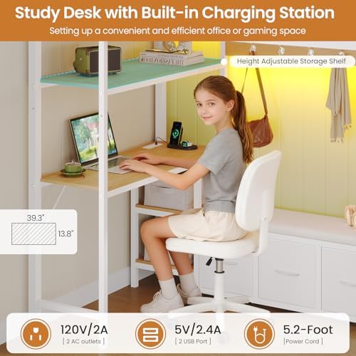 DICTAC Twin Loft Bed with 6 Storage Drawers,Coat Rack and Open Shelves Metal Twin Size Loft Bed with Desk,Charging Station and LED Light,loft beds with Large Pegboard,Stairs and Safety Guardrail,White