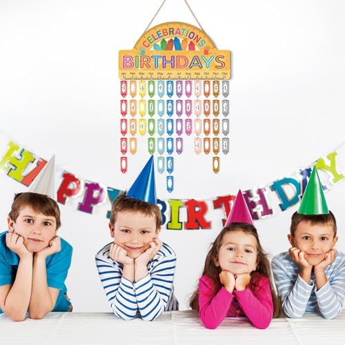 LHIUEM Crayon Birthday Bulletin Board Decorations Celebrate Birthday Chart Wood Flip Calendar(8”X16”) Happy Birthday Calendar Wall Hanging Classroom Pastel With 108pcs Pencils Names Tags for Primary
