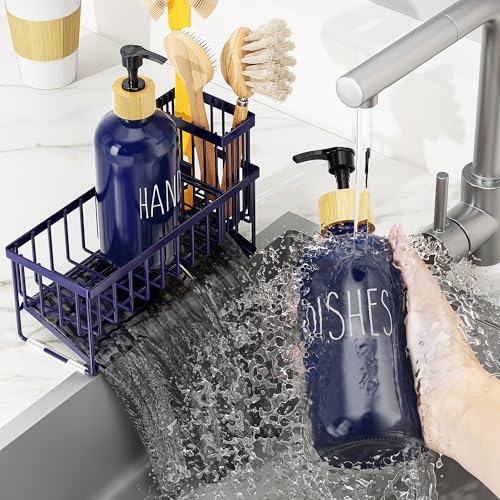 Cisily Kitchen Dish Soap Dispenser Set with 2 Pack 16.9oz Amber Glass Bottle and Sponge Holder, Dish Soap Dispensers with Adjustable Sponge Holder, Vintage Hand and Dish Soap Dispensers Set