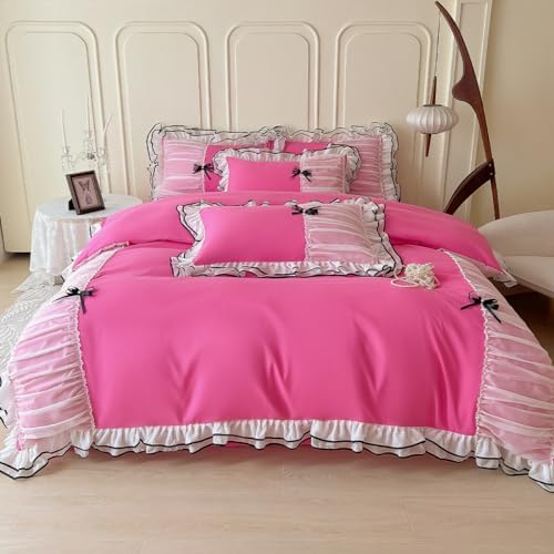 IHOUSTRIY Duvet Cover Twin Size, Ruffle Beddding Set with Bowtie, 2 Pieces Comforter Cover Set with Zipper Closure, Girl Bedding with Pillowcase - Pink, Twin