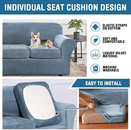 H.VERSAILTEX Real Velvet Plush 3 Piece Stretch Sofa Covers Couch Covers for 2 Cushion Couch Sofa Slipcovers Width Up to 90 Inch Feature Thick Soft Stay in Place (Large Sofa, Stormy Blue)