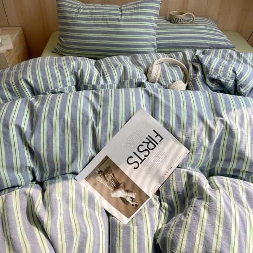 AOJIM Striped Duvet Cover Queen 100% Washed Cotton 3-Piece Vintage Bedding