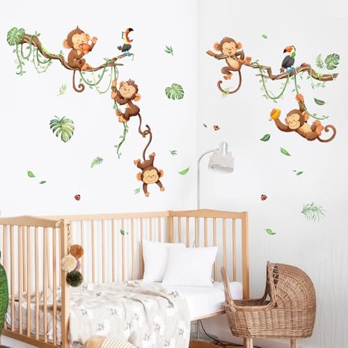 Monkey Climbing Wall Decals Jungle Leaf Animals Wall Stickers for Boys