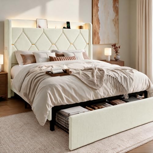 SHA CERLIN Full Size Bed Frame with Storage Drawer & LED Lights, Cream