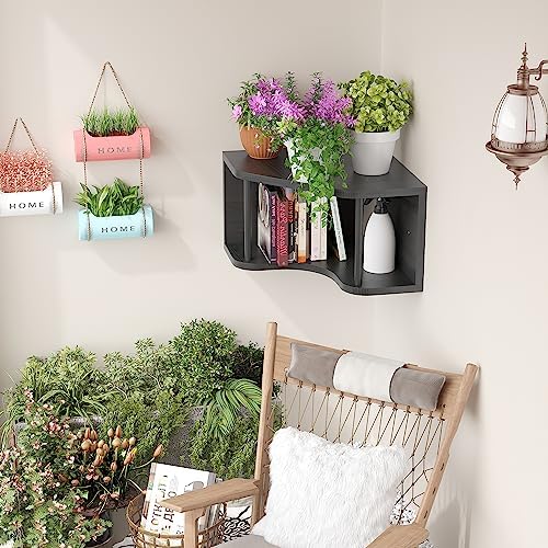 Black Floating Corner Wall Shelves with Cord Hole - Pine Wood 90° Corner Floating Nightstand Shelves Wall Mounted, 18’’ Floating Cabinet Shelf, Projector Corner Shelf for Living Room,Bedroom,Kitchen