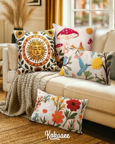 Embroidered Throw Pillow Cover 20x20 Inch, Sunflower Moon