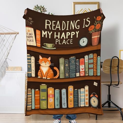 Fall Throw Blanket,Bookshelf Throw Blanket for Couch Home Decor,Cute Cat Soft Plush Travel Blanket Lightweight,Cozy Throws for Couch,Bed,Naps,Reading60 X 80 Inch